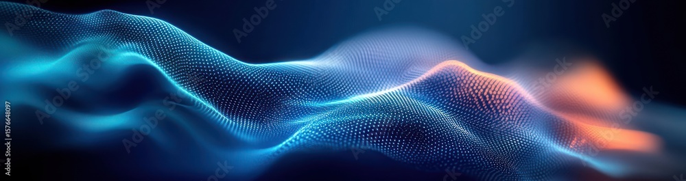 Poster abstract digital wave of blue glowing dots on dark background with smooth flowing shapes and warm hi