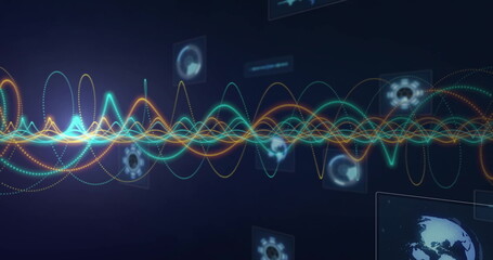 Displaying neon waveforms across dashboard panels with gear icons, circular arrows and globe icon