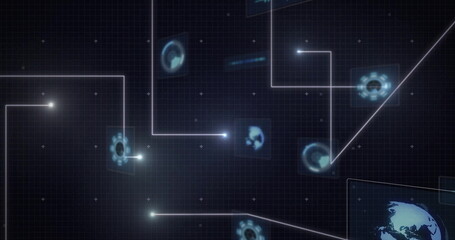Displaying digital interface on grid with gridlines, glowing node connections and tech icons