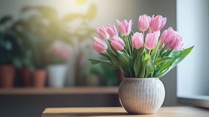 Elegant Pink Tulips in a Decorative Vase on a Wooden Table