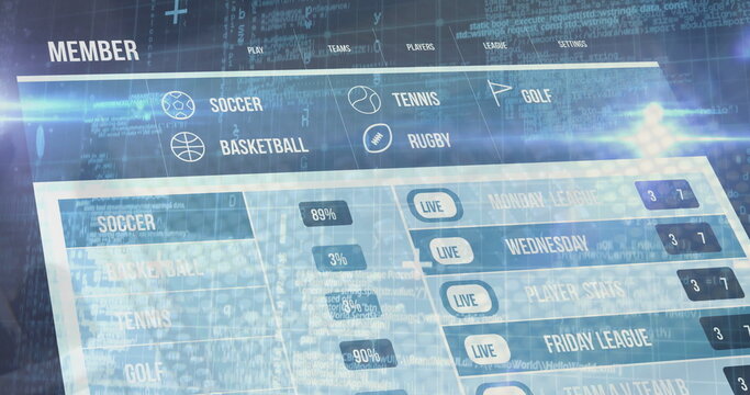 Displaying sports dashboard menu bar at virtual interface, showing sports icons and LIVE badges