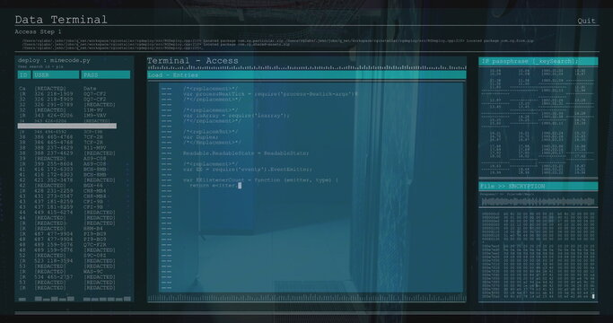 Displaying data terminal interface in office with user-pass table code editor IP stats and hexdump