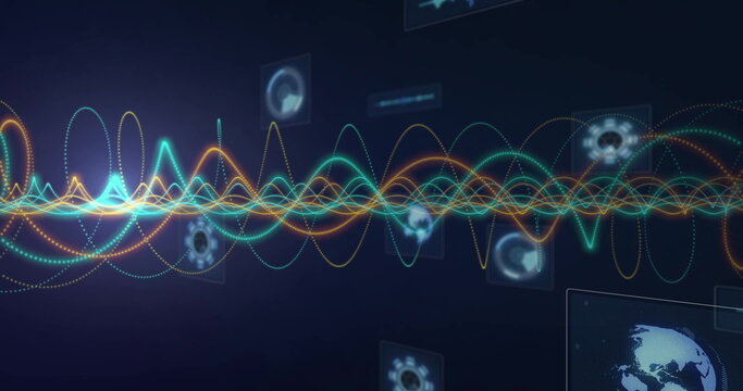 Displaying neon waveforms across dashboard panels with gear icons, circular arrows and globe icon