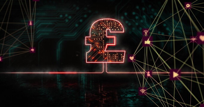 Displaying neon red circuitboard pound sterling symbol on floor, with golden lines nodes and icons