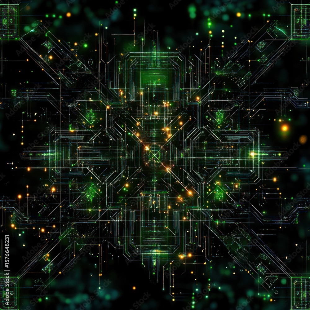 Poster intricate glowing green and yellow digital circuit board pattern with symmetrical lines and nodes ag