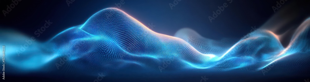 Poster abstract flowing blue and white wave of dots and lines creating a futuristic digital landscape with 