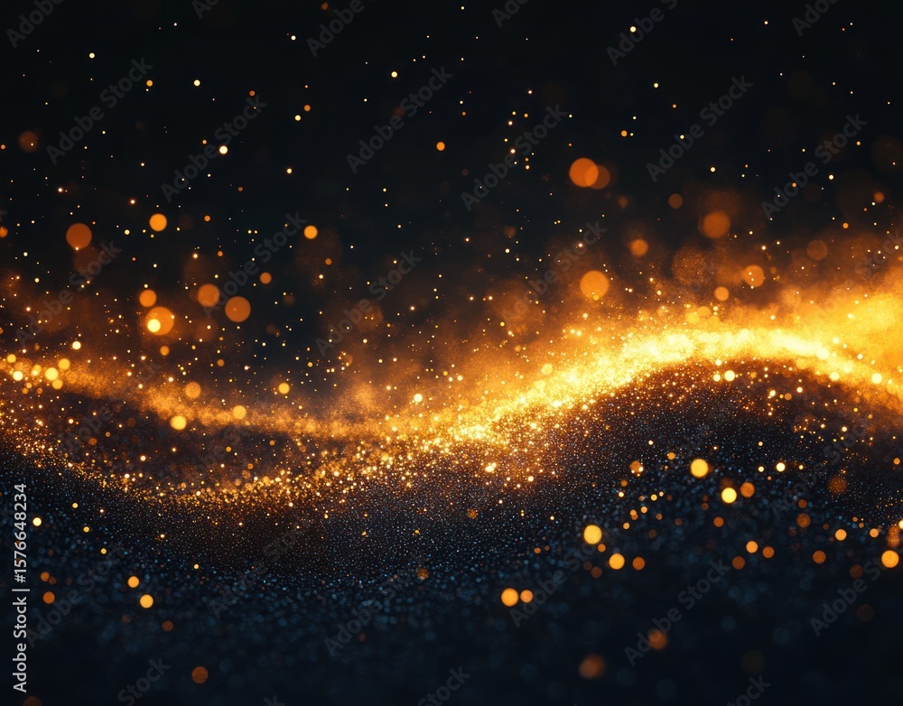 Poster glowing golden particles scattered in a dark space creating a sparkling wave effect with a warm, mag