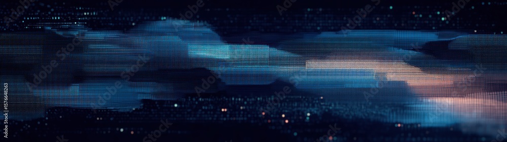 Poster abstract digital representation of a night sky with pixelated clouds and scattered light points conv