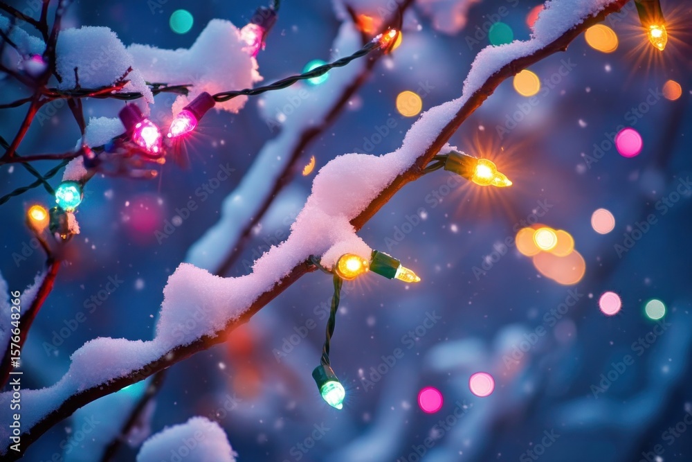 Poster snow-covered tree branches adorned with colorful glowing holiday lights creating a festive and magic