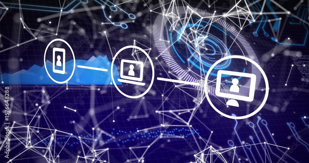 Poster displaying linked smartphone, laptop and desktop icons in virtual cyberspace, with data streams