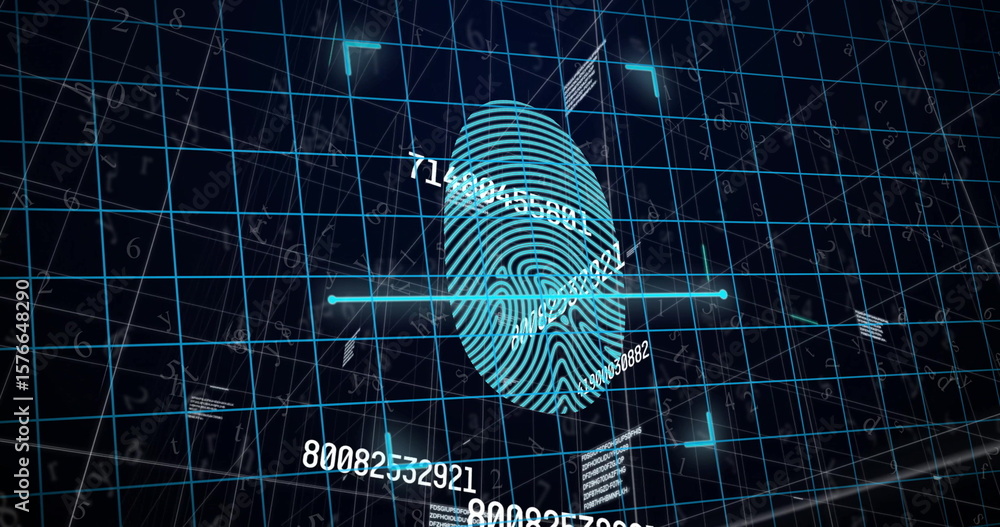 Aufkleber projecting fingerprint intersecting scanning beam within grid overlay, floating codes and numbers