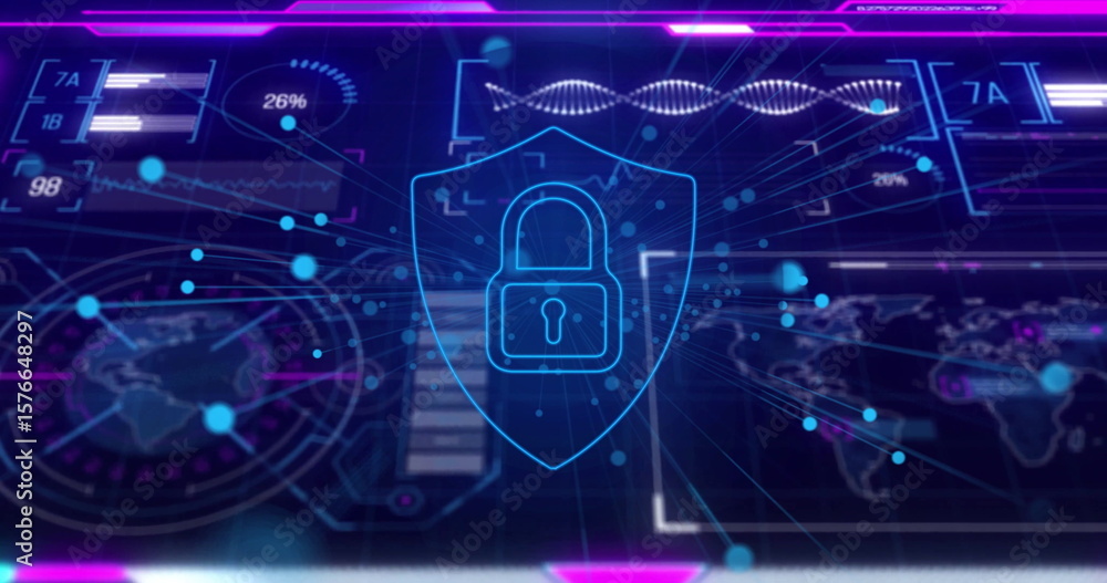 Poster showing glowing shield with padlock icon on security dashboard with maps globe nodes bars and helix