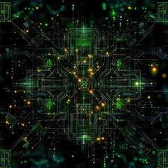 Obraz premium Intricate glowing green and yellow digital circuit board pattern with symmetrical lines and nodes against dark background conveying futuristic technology energy
