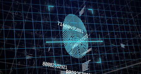 Projecting fingerprint intersecting scanning beam within grid overlay, floating codes and numbers