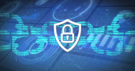 Displaying shield with padlock icon securing virtual network, with floating code and data rings