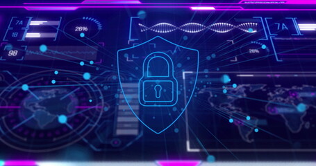 Showing glowing shield with padlock icon on security dashboard with maps globe nodes bars and helix