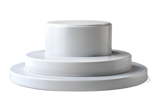 Clean white three tiered cylindrical podium for product display isolated on transparent background