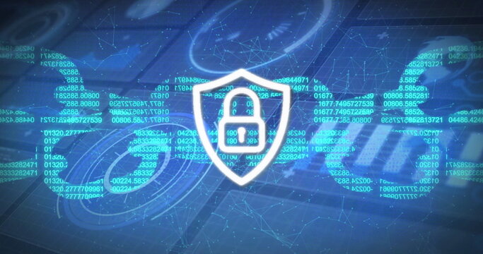 Displaying shield with padlock icon securing virtual network, with floating code and data rings