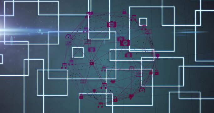 Displaying spherical network of magenta icons and dotted lines on digital grid, with glowing frames