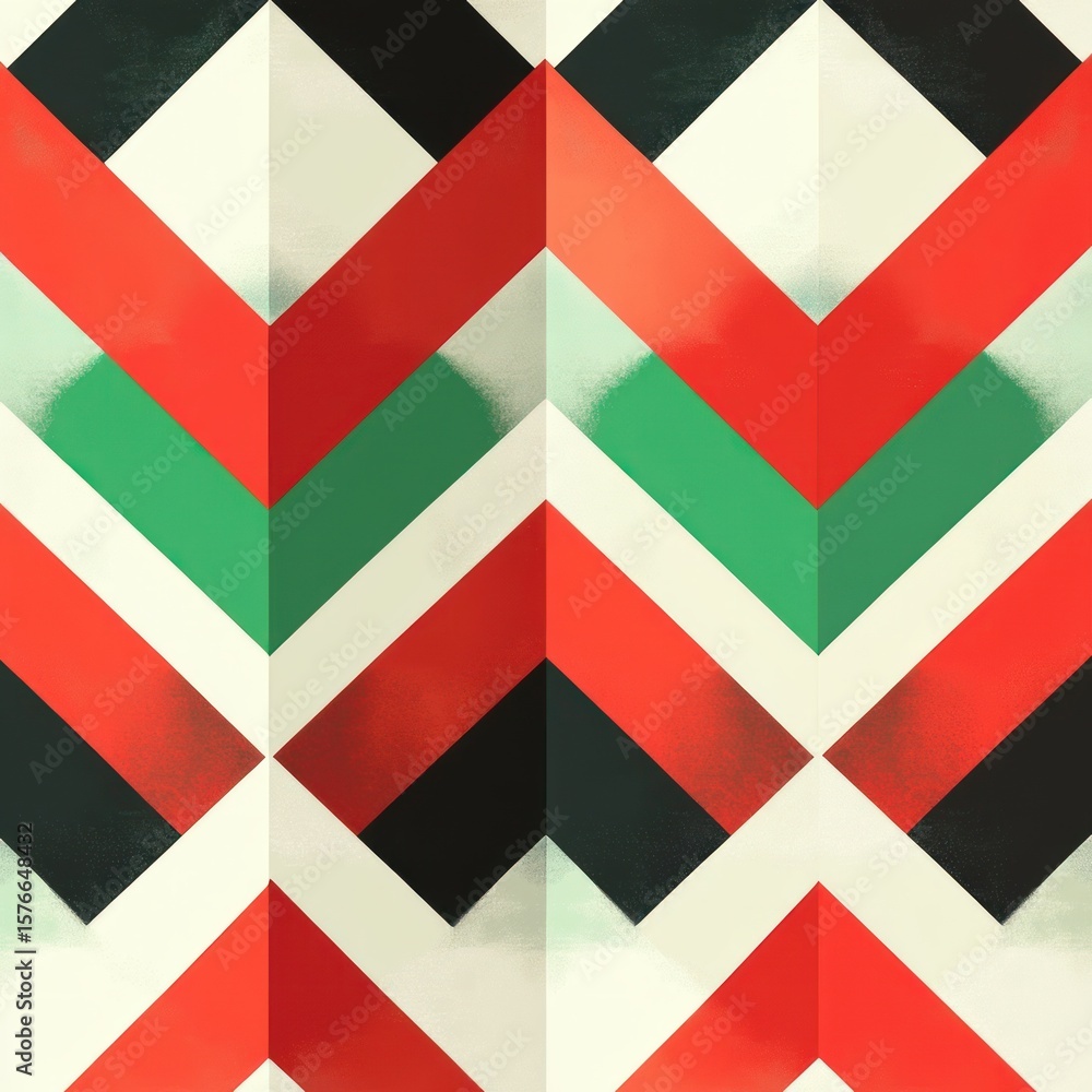 Poster symmetrical geometric pattern with chevron shapes in red, green, black, and off-white colors creatin