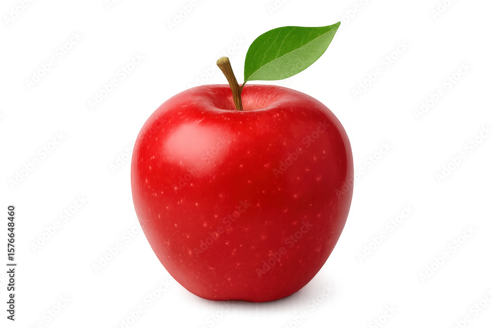 Poster fresh, ripe red apple with attached leaf, isolated on a transparent background, ready for use in var