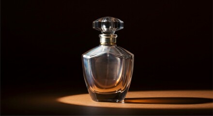 Elegant glass perfume bottle, beautifully lit with a crystal stopper, casting a shadow.