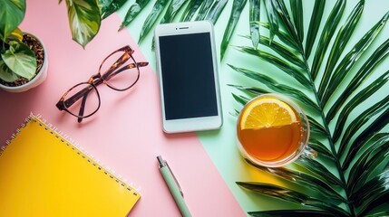 Modern Workspace with Green Leaves, Phone, Drink, and Notebook