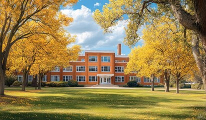 Naklejka premium Red brick institutional building framed by lush green lawn and golden autumn trees under blue sky with white clouds