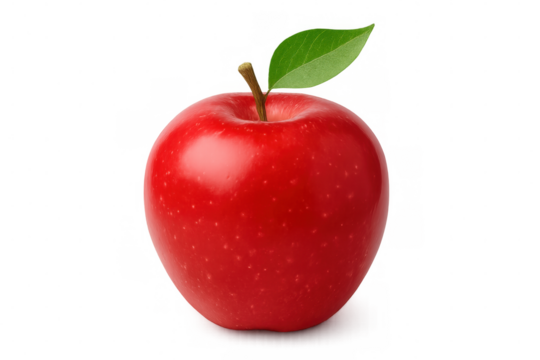 Fresh, ripe red apple with attached leaf, isolated on a transparent background, ready for use in various design projects