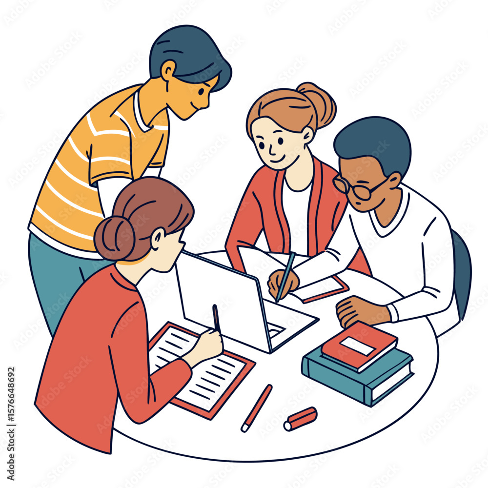 Poster Diverse group of young students collaborating on a project around a round table with a laptop notebooks and books engaged in learning and teamwork