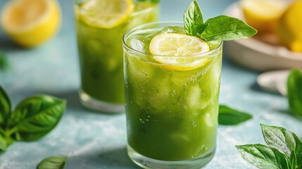 Refreshing Green Basil Lemonade with Ice and Fresh Ingredients