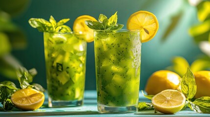 Refreshing Green Cocktail with Fresh Lemon and Basil Garnish