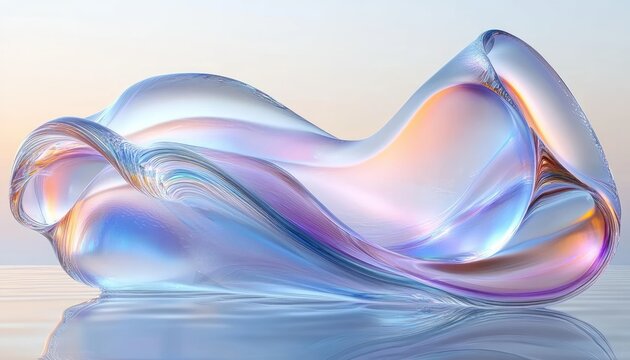 Smooth flowing translucent glass-like abstract form resting on a reflective water surface with soft pastel lighting and gentle waves