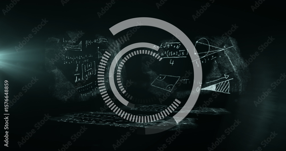 Poster displaying hud interface over chalkboard math diagrams in lab, with keyboard outline and lens flare