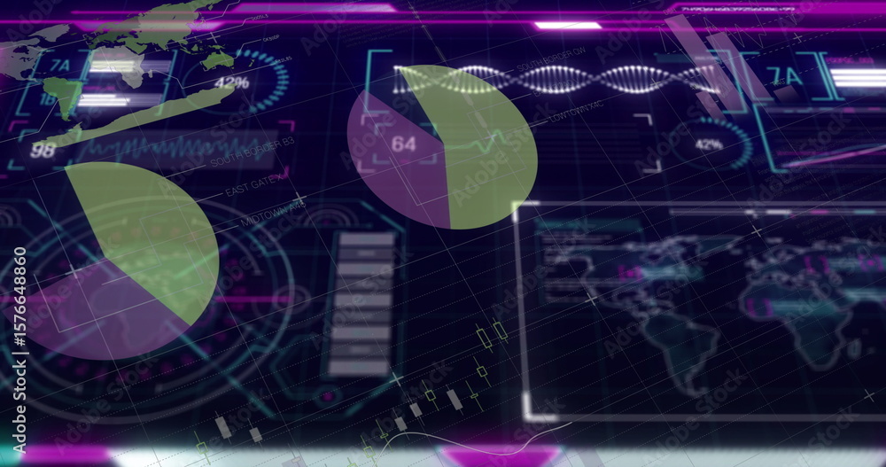 Poster Displaying central pie chart presenting data on digital dashboard interface, with world map display
