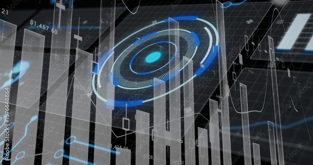 Poster Displaying circular HUD data visualization hovering over grid plane, with bars and numeric labels