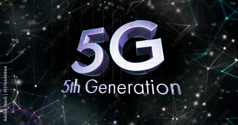 Poster displaying 3d 5g with 5th generation subtitle glowing above digital network, with nodes and lines