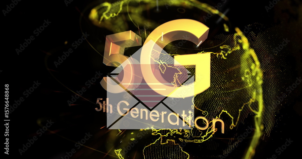 Aufkleber showcasing golden 5g and 5th generation texts above dotted globe in digital network with neon lines