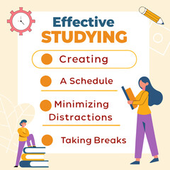 Effective studying tips for students including creating a schedule minimizing distractions and taking breaks with illustrative icons and figures