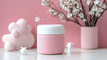 Aesthetic Pink Container with Decor Elements on Soft Background