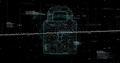 Displaying circuit padlock on screen, with dotted waveform, numeric data overlays and code snippets