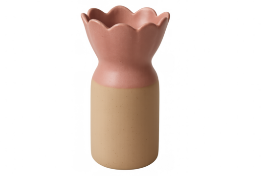 Modern pink and beige ceramic vase with scalloped edge isolated on transparent background, perfect for home decoration