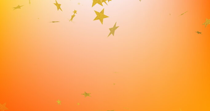 Scattering metallic gold star confetti shapes over orange gradient backdrop on graphic design panel - Powered by Adobe