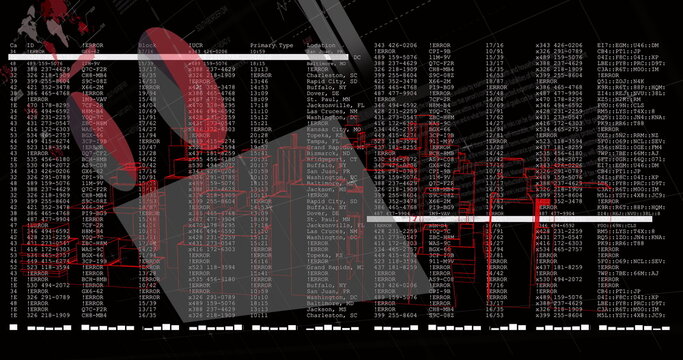 Displaying translucent red 3D network visualization over digital dashboard, with error code columns