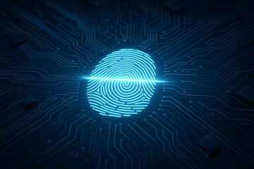 Glowing digital fingerprint on futuristic circuit board representing biometric authentication identity verification cyber security access control and electronic protection technology system