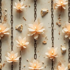 Arrangement of Flower Candles with Chains and Stones on Beige Background