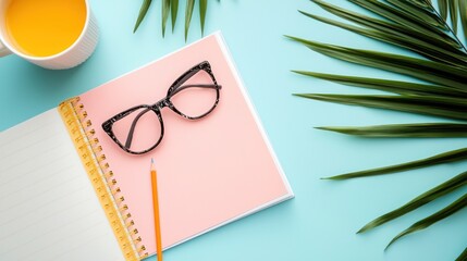 Stylish Workspace with Notebook, Glasses, Pencil, and Yellow Drink