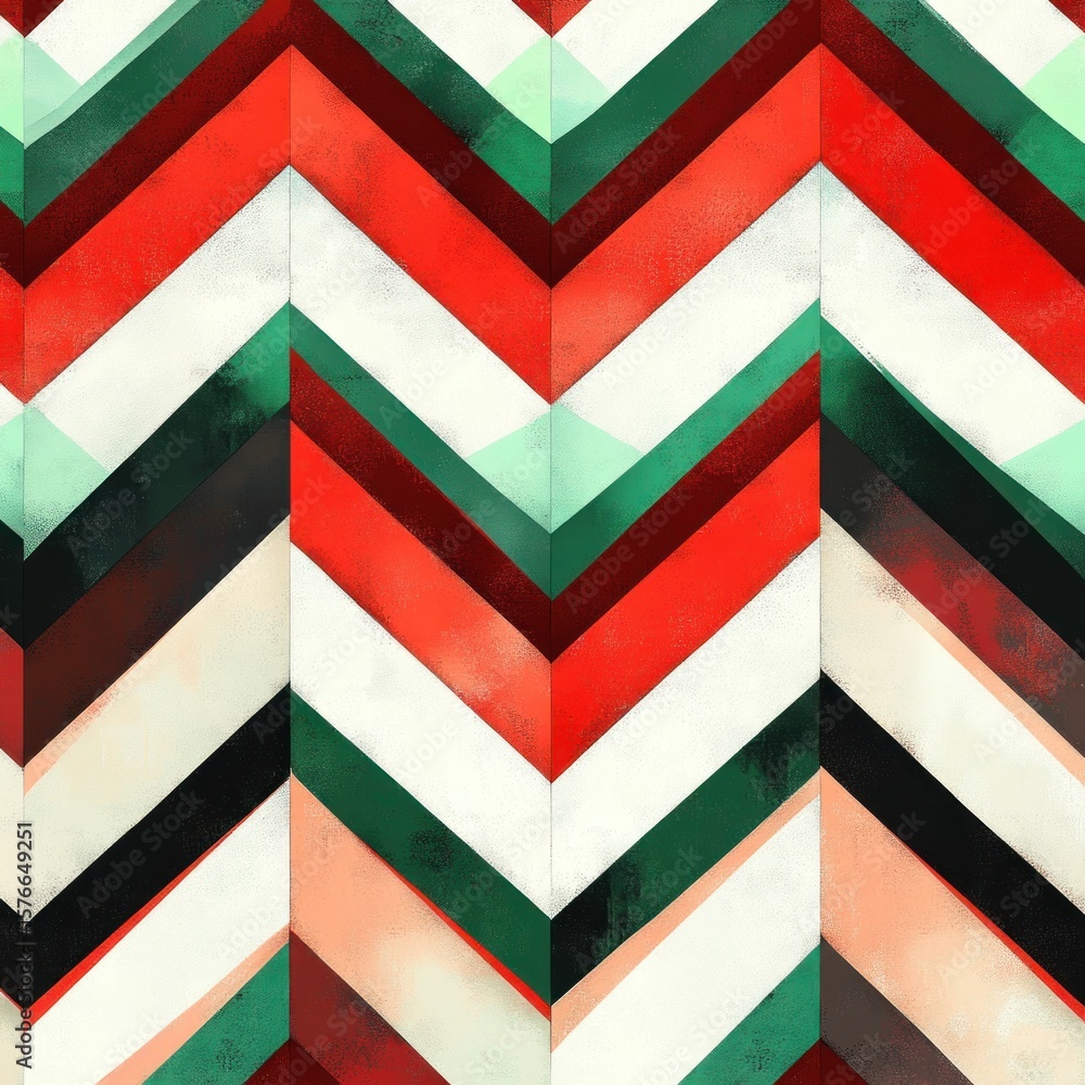 Poster symmetrical pattern of layered chevron shapes in red, green, black, and white creating a vibrant and