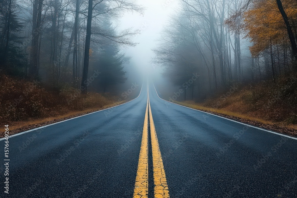 Poster empty foggy asphalt road with double yellow lines flanked by leafless trees and autumn foliage creat