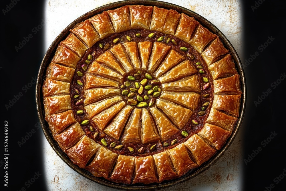 Poster golden brown baklava arranged in a circular pattern topped with pistachios placed on a dark tray on 